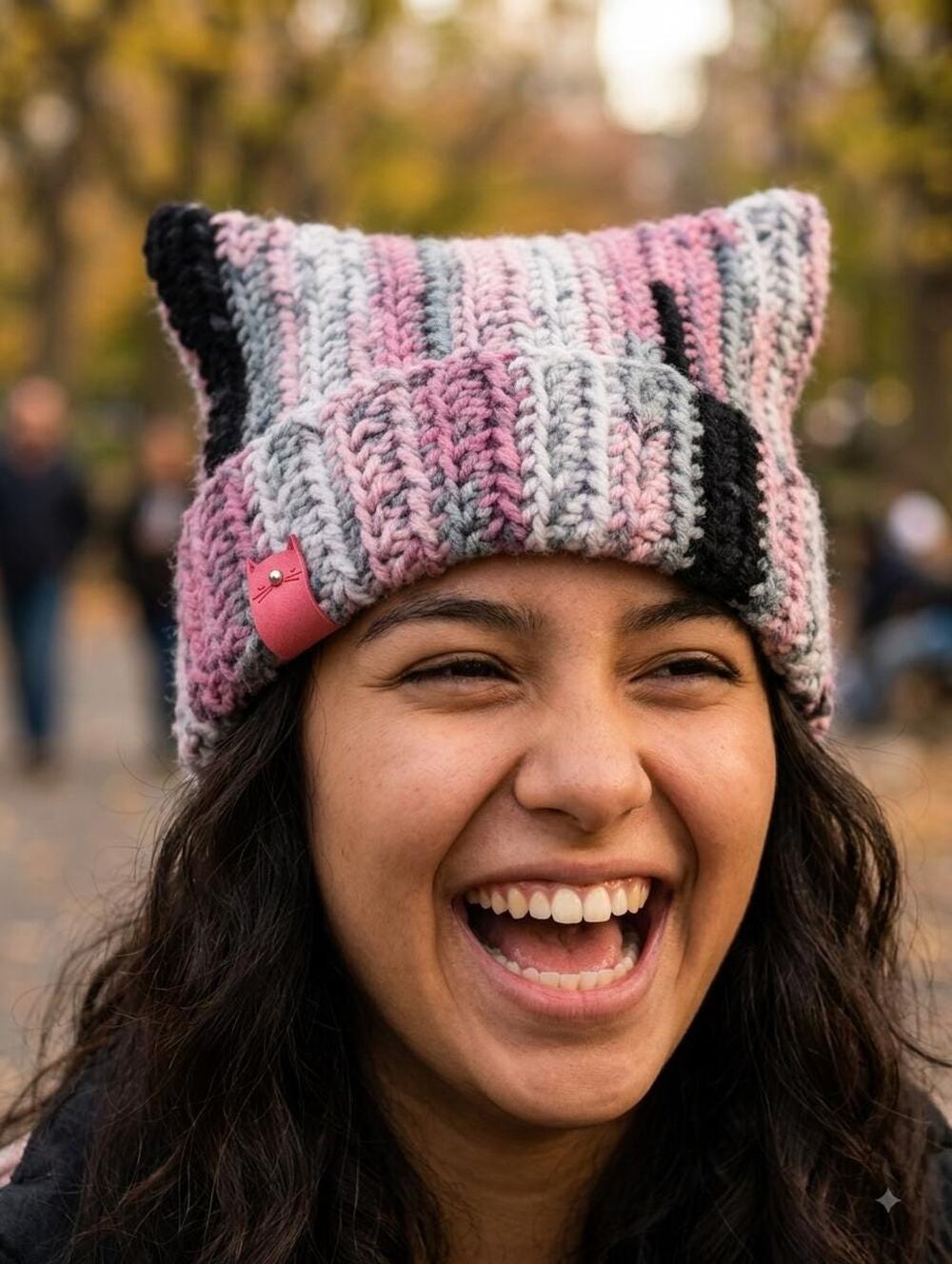 Handmade Pink Grey Cat Ear Beanie Crocheted Kitty Ears Ribbed Knit Hat